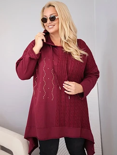 Dámská bavlněná mikina Plus Size s kapucí a pleteným pruhem bordó barva