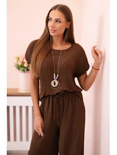 Viskózový komplet plisovaná halenka + kalhoty hnědý