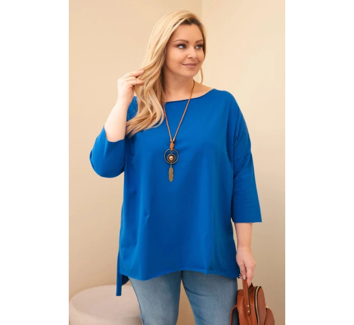 Dámská bavlněná blůza Plus Size asymetrická s náhrdelníkem chabrová Dámská bavlněná blůza Plus Size asymetrická s náhrdelníkem chabrová
