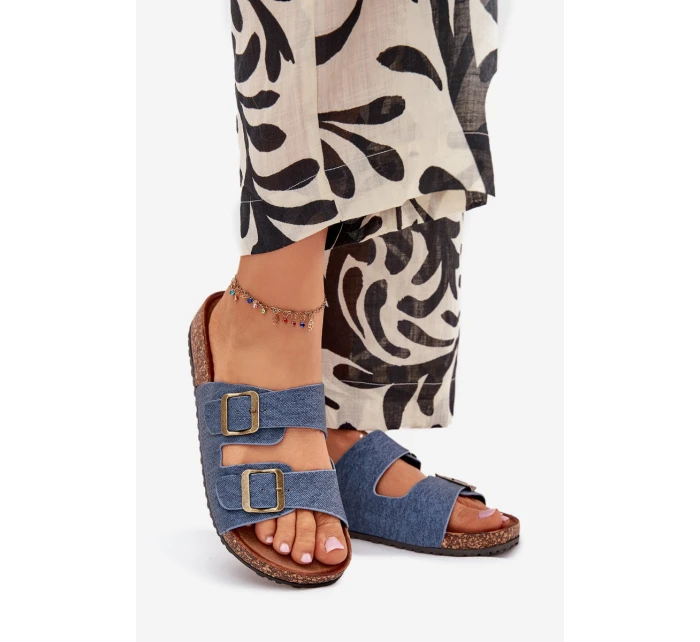 Dámské pantofle na korkové platformě s přezkami – tmavý denim