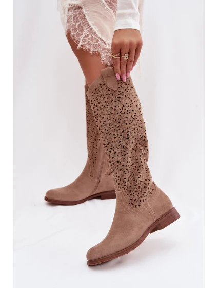 Dámské perforované vysoké kozačky na nízkém podpatku S.Barski HY61-8023 Béžové