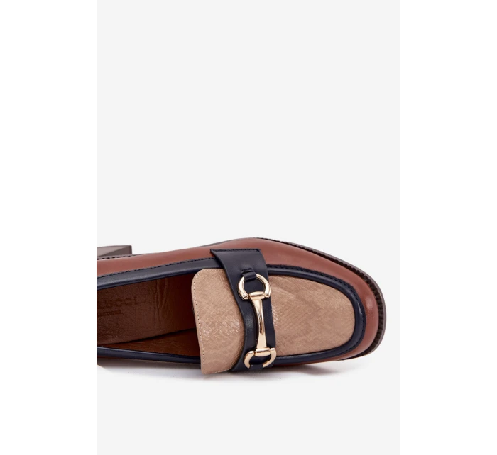 Dámské polobotky na sloupku s ražbou a zlatým detailem Novella – béžovo/hnědé Dámské polobotky na sloupku s ražbou a zlatým detailem Novella – béžovo/hnědé