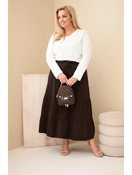 Dámská sukně plus size bavlněná mušelínová s volánem a gumou hnědá