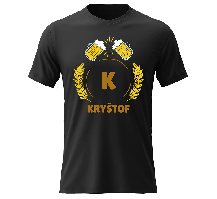 Pánské bavlněné tričko s potiskem - PIVNÍ MOTIV SE JMÉNEM - KRYŠTOF - černé