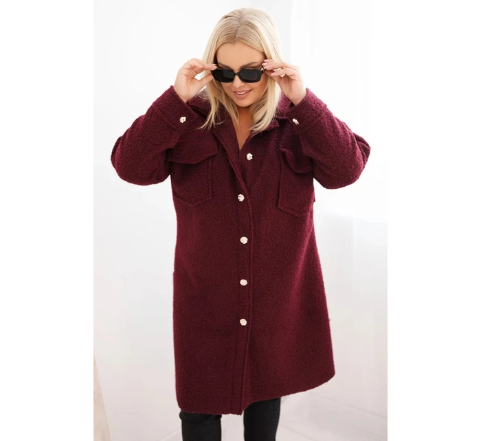 Dámský kabát Plus Size s vlnou na knoflíky s kapsami a límcem švestkový