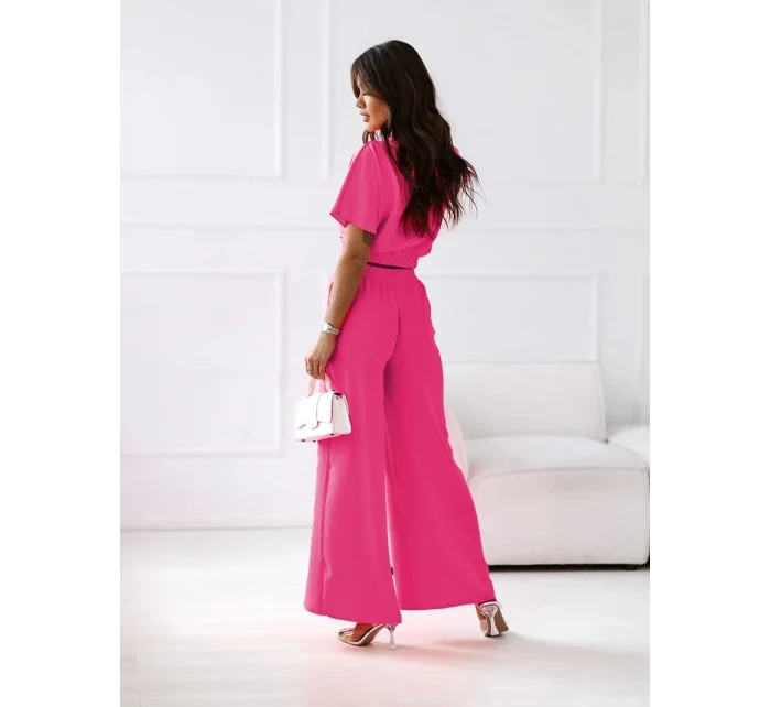 Dámská souprava ve fuchsijové barvě - přeložený obálkový top a široké kalhoty (8178)