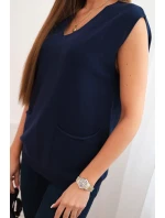 Dámský viskózový svetr bez rukávů s kapsami a výstřihem do V modrý Dámský viskózový svetr bez rukávů s kapsami a výstřihem do V modrý