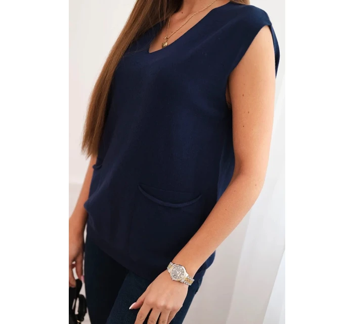 Dámský viskózový svetr bez rukávů s kapsami a výstřihem do V modrý Dámský viskózový svetr bez rukávů s kapsami a výstřihem do V modrý