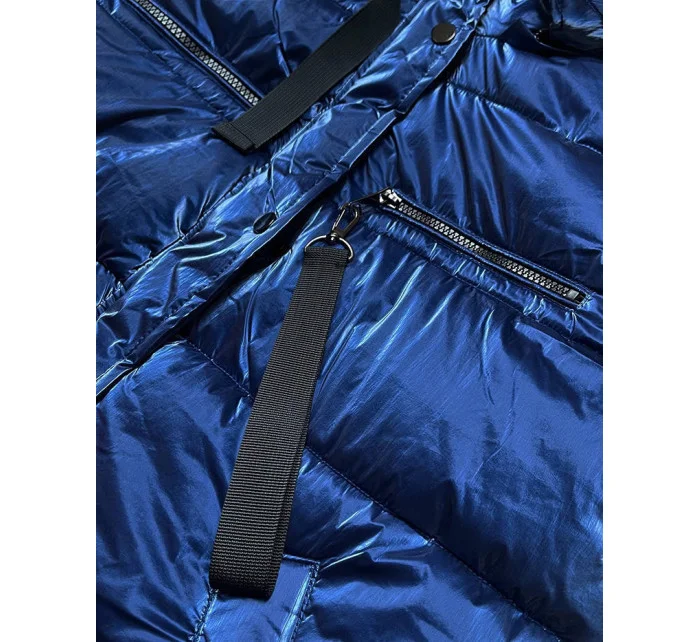 Tmavě modrá dámská lesklá péřová bunda (omdl-020)