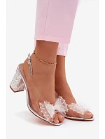 Sandály na podpatku s krystaly síťovaná mašle D&A MR61-9010 Stříbrné