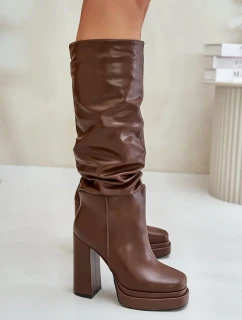 Nazouvací kozačky na podpatku a platformě s řasením zateplené hnědé Beridra