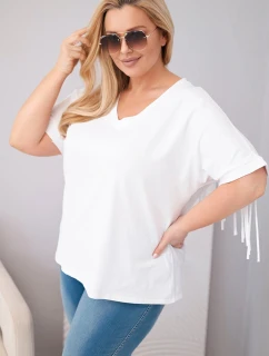 Dámská bavlněná halenka s výstřihem do V a třásněmi na zádech bílá