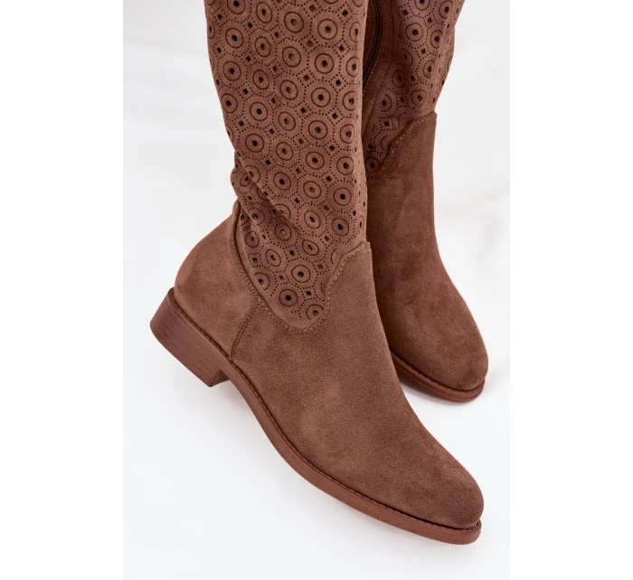 Dámské kozačky na ploché podrážce s vzorem  hnědé model 21713557 - S.Barski