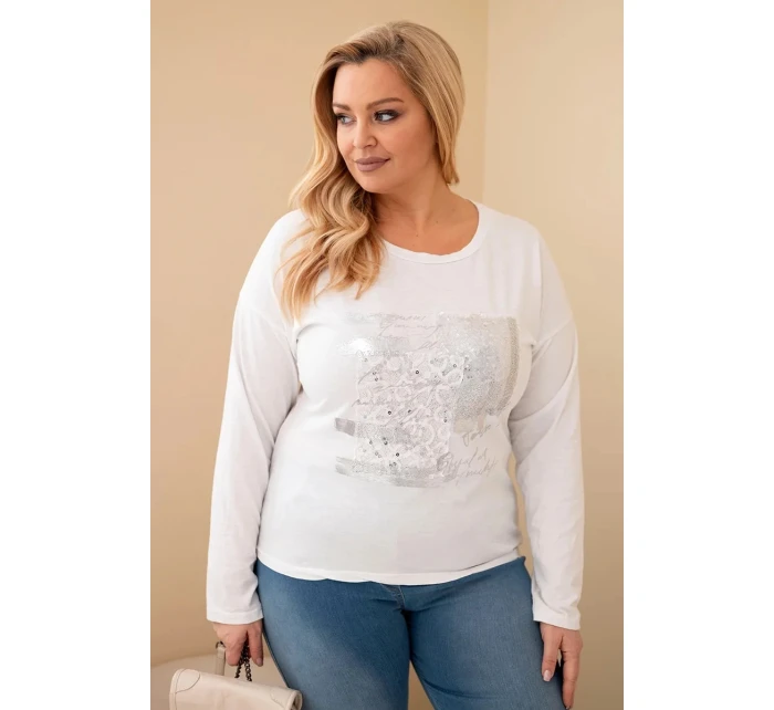 Dámská blůza Plus Size s potiskem a delším zadním dílem bílá