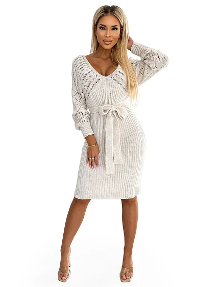 Béžové dámské ažurové šaty s výstřihem a zavazováním model 18948244 - numoco basic
