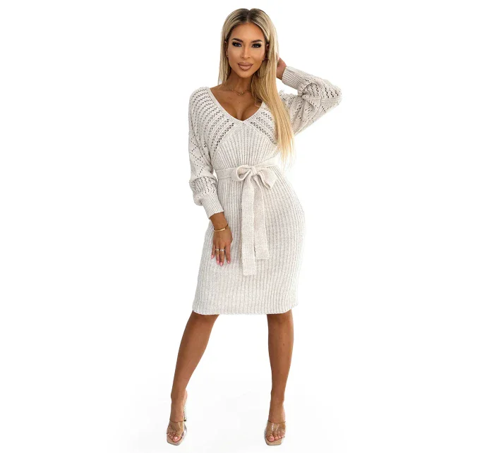 507-1 Ažurové svetrové šaty s výstřihem a vázáním - BEACH