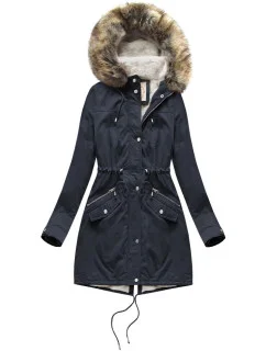 Tmavě modrá dámská bunda typu parka s mechovitou kožešinovou podšívkou a s kapucí (7602BIG)