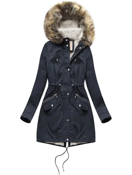 Tmavě modrá dámská zimní bunda parka s kožešinovou podšívkou a s kapucí model 21242018 - Libland