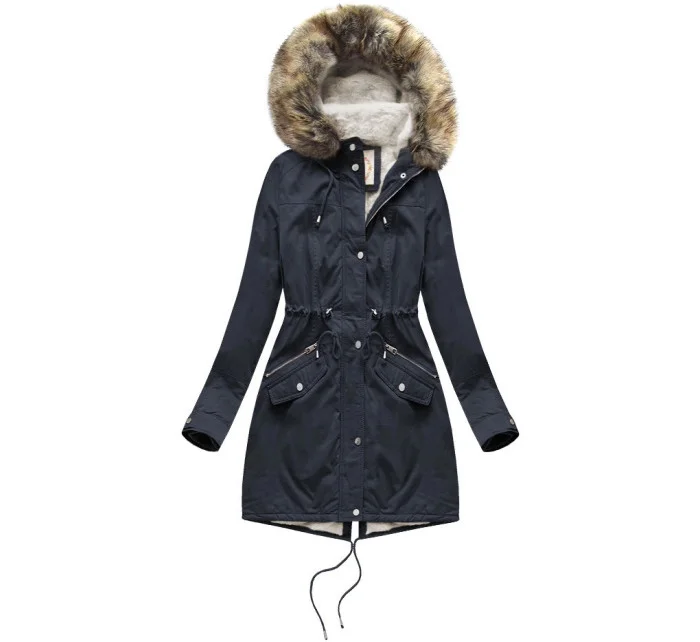 Tmavě modrá dámská zimní bunda parka s kožešinovou podšívkou a s kapucí model 21242018 - Libland
