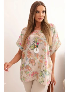 Dámská bavlněná blůza s motivem motýlů s krátkým rukávem béžová