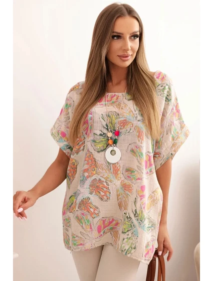 Dámská bavlněná blůza s motivem motýlů s krátkým rukávem béžová Dámská bavlněná blůza s motivem motýlů s krátkým rukávem béžová