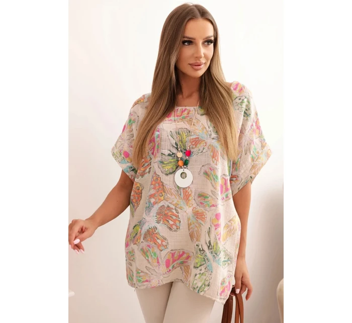 Dámská bavlněná blůza s motivem motýlů s krátkým rukávem béžová Dámská bavlněná blůza s motivem motýlů s krátkým rukávem béžová