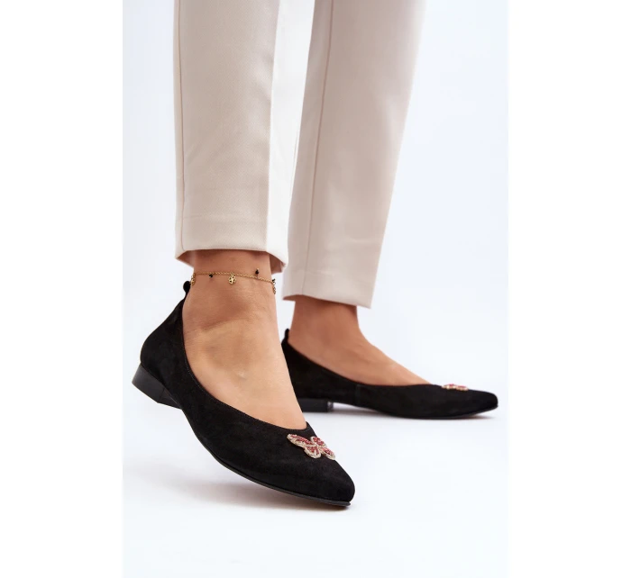 Zazoo 2887 Semišové baletky s ozdobným motýlem Černé