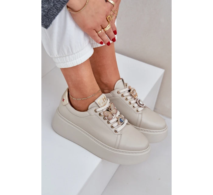 Dámské Kožené Tenisky Na Platformě S Ozdobami model 21683822 Světle Béžové - CheBello