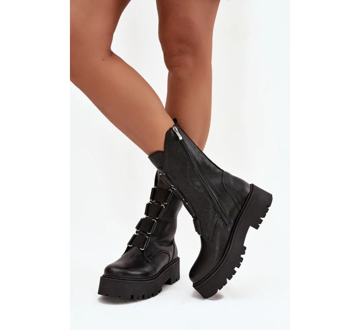 Dámské kotníkové boty z přírodní kůže na platformě model 21713280 Černé - Zazoo