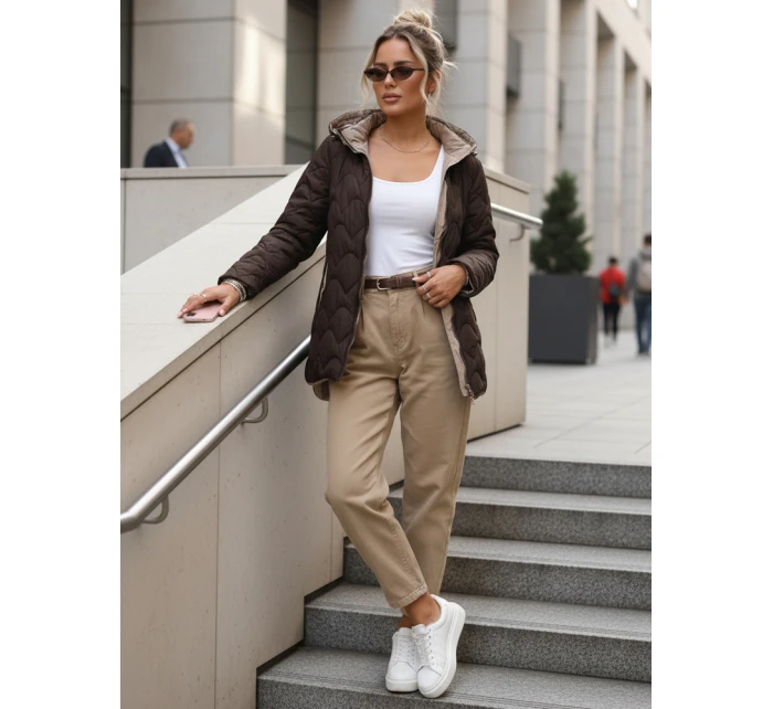 Dámská přechodná prošívaná bunda s odepínací kapucí hnědá TY5623