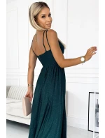 Dlouhé dámské šaty v lahvově zelené barvě s ramínky a rozparkem na noze model 20547621 - numoco