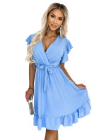 CORNELIA - Světle modré dámské šaty s volánky, výstřihem a zavazováním 455-2