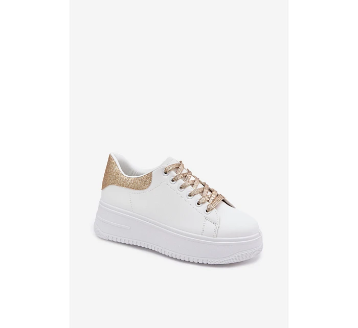 Dámské tenisky na platformě z imitace kůže bílo-zlaté se třpytkami Calinae Dámské tenisky na platformě z imitace kůže bílo-zlaté se třpytkami Calinae