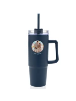 Personalizovaná termoska s průhledným víčkem s výřezem fotky na podkladu