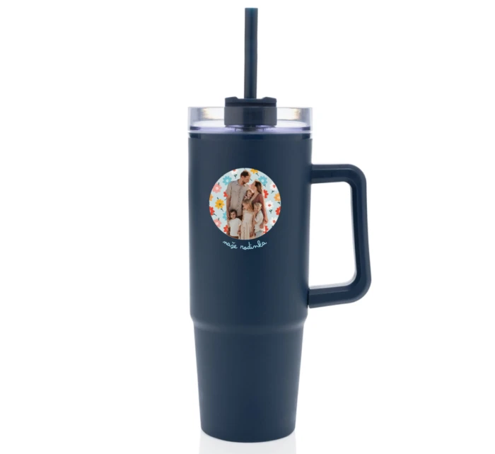 Personalizovaná termoska s průhledným víčkem s výřezem fotky na podkladu