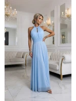 Elegantní maxi večerní šaty na ramínka s a zavazováním v pase modré model 22004204 - numoco basic