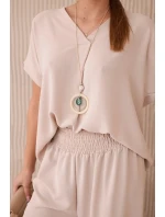 Komplet s náhrdelníkem halenka + kalhoty béžový