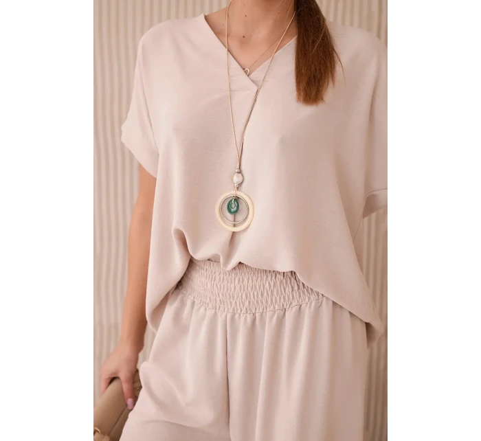 Komplet s náhrdelníkem halenka + kalhoty béžový