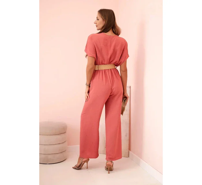 Kombinéza s ozdobným páskem v pase tmavě růžová Kombinéza s ozdobným páskem v pase tmavě růžová