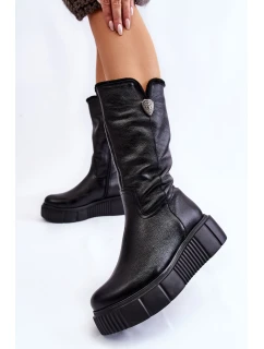 model 21605589 Kožené dámské kozačky s vlnou černé - Zazoo