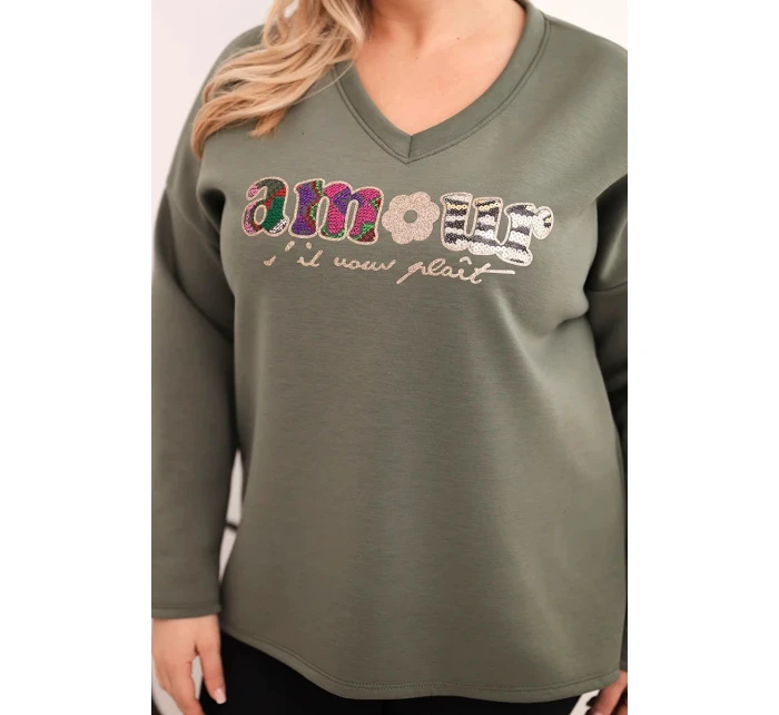 Dámská mikina Plus Size s nápisem a výstřihem do V khaki
