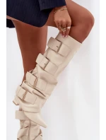 Dámské kozačky na podpatku se  a zlatými přezkami světle béžové model 21708837 - Boto