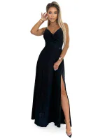 CHIARA Černé elegantní dlouhé dámské maxi šaty na ramínkách a s brokátem model 20507746 - numoco