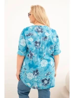 Dámská bavlněná halenka pro plnoštíhlé v květinovém vzoru tyrkysová