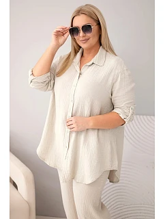 Dámský komplet Plus Size s košilí na knoflíky a s kalhotami s širokou nohavicí béžový model 22069911 - K-Fashion