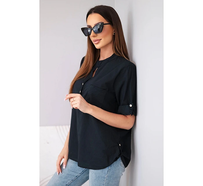 Dámská košilová bavlněná halenka s krátkým rukávem a kapsičkou černá