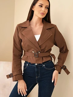 Dámská krátká viskózová model 22293772 bunda s páskem a klopami čokoládová - K-Fashion