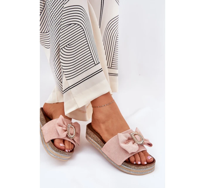 Dámské Pantofle Na Platformě S Mašlí A Ozdobnou Broží Růžové Lenela