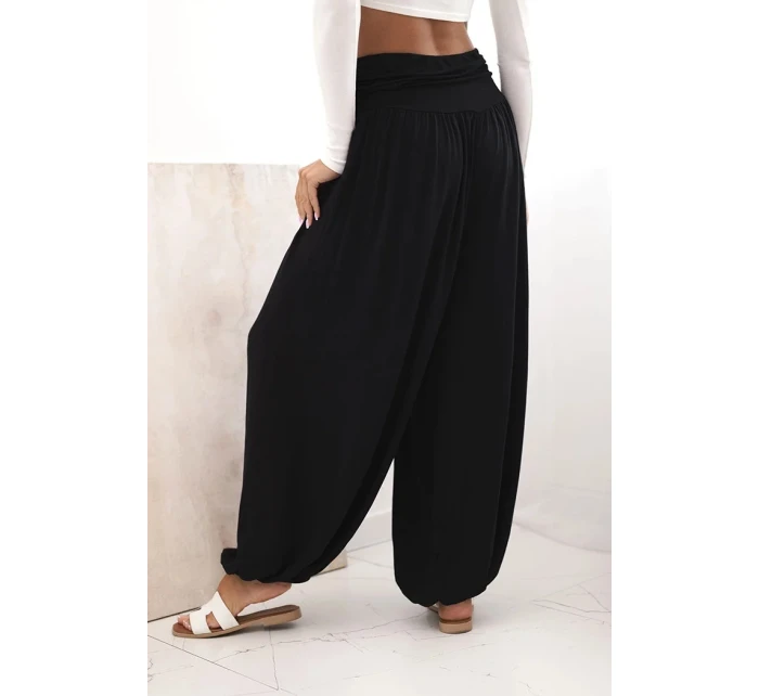 Dámské viskózové kalhoty s širokými nohavicemi a volánky černý