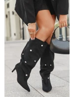 Dámské nazouvací kozačky na jehlovém podpatku Thaliane se stříbrnými ozdobami – černé